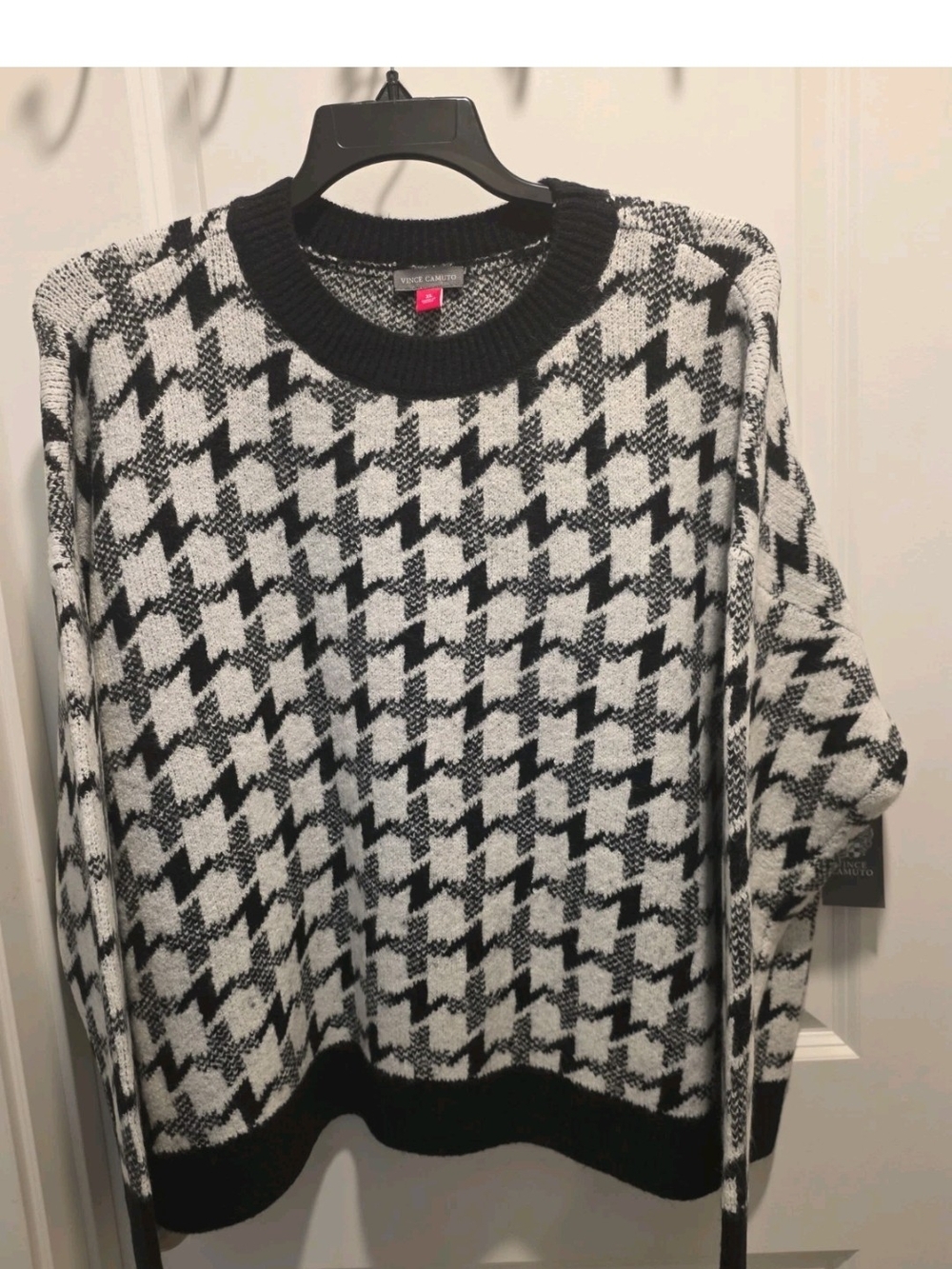 Vince Camuto Black and White Houndstooth Crewneck Sweater